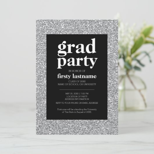Klasse - Graduierungspartei schwarzer silberner Gl Einladung (Stehend Vorderseite)