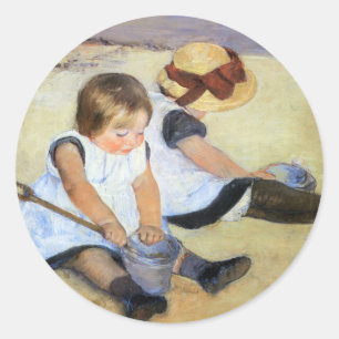 Klasse: Kinder am Strand spielen Runder Aufkleber