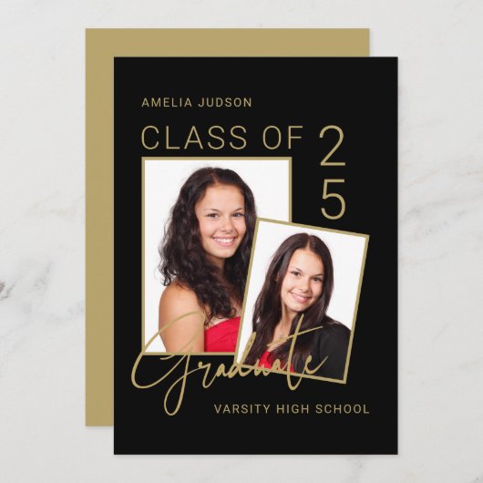 Klasse mit 25 Foto Schwarz-Gold-Script-Abschluss Ankündigung (Vorne/Hinten)