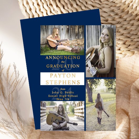 Klasse Modernes Foto Blau | Weißer Abschluss Gold Folieneinladung