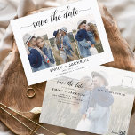 Klasse Save the Date 4 Foto Elegant Moderne Postkarte<br><div class="desc">Modernes und elegantes Landschaftsbild Horizontal Vier (4) Foto Save the Date Hochzeitsmagnet mit handgeschriebener Schriftzeichen. Der Save the Date einladende Magnet beinhaltet Skripttypografie und schick und schlichtes Design,  mit dem Sie Ihre individuelle Verlobung Fotografie hinzufügen können.</div>