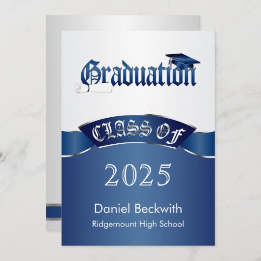 Klasse, silberblau Mortar & Diplom Abschluss Einladung (Vorne/Hinten)