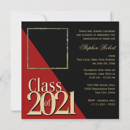 Klasse von 2021 Gold Grad Rot und Schwarz mit Foto Einladung (Vorderseite)