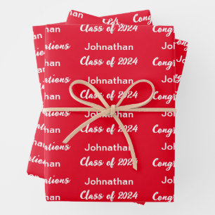 Klasse von 2024 Hellroter Glückwunsch Grad Name Geschenkpapier Set