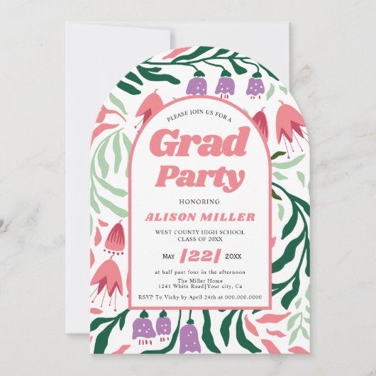 Klasse von 2025 boho Retro-Blume Abschluss gewölbt Einladung (Vorderseite)