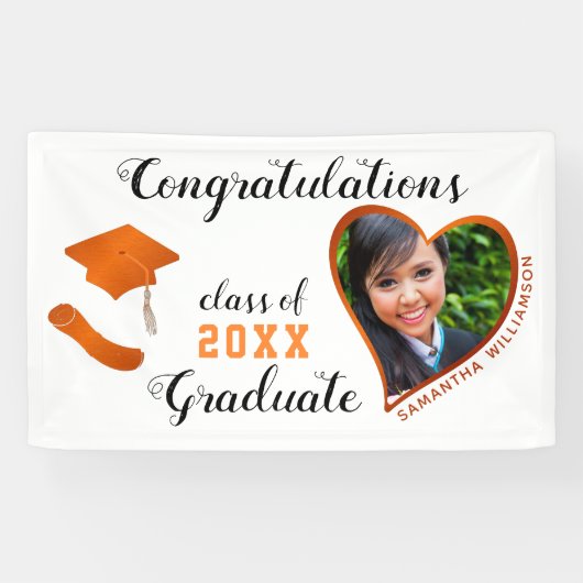 Klasse von 2025 Grad Foto White & Orange Abschluss Banner (Horizontal)