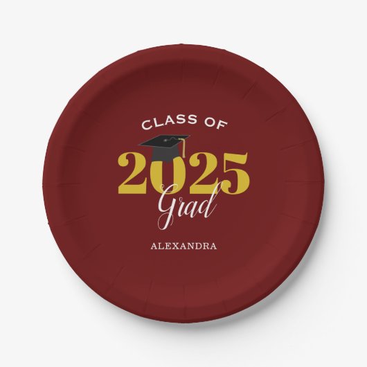 Klasse von 2025 Grad Simple Maroon and Gold Pappteller (Vorderseite)