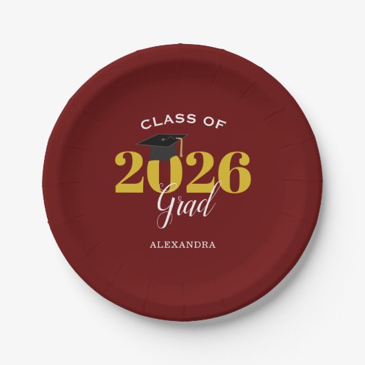 Klasse von 2025 Grad Simple Maroon and Gold Pappteller (Vorderseite)