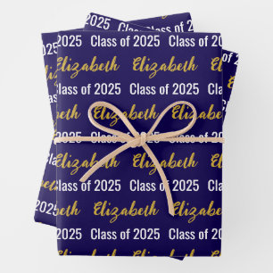 Klasse von 2025 Graduate's Name Blue White Gold Geschenkpapier Set