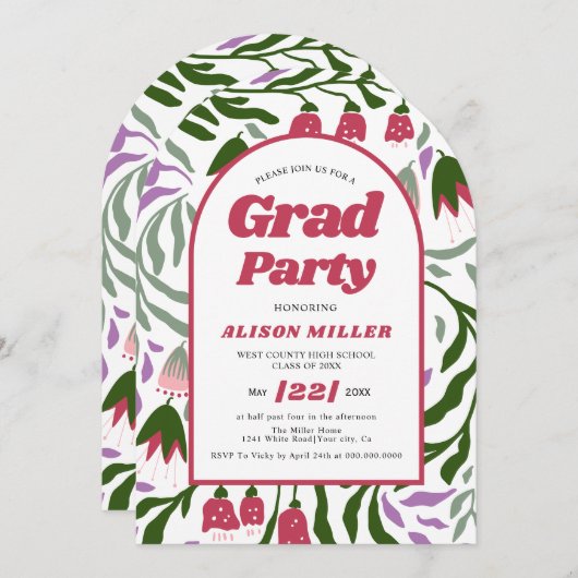 Klasse von 2025 Retro-Blume Abschluss gewölbt Einladung (Vorne/Hinten)