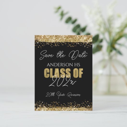 Klasse Wiedersehen Black und Gold Save the Date Postkarte (Stehend Vorderseite)