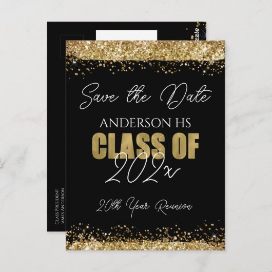 Klasse Wiedersehen Black und Gold Save the Date Postkarte (Vorne/Hinten)