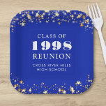 Klasse Wiedersehen Royal Blue Gold Stars Personali Pappteller<br><div class="desc">Personalisierte Royal Blue High School oder Uni Class Wiedersehen Papier Teller für jede geschlossen Klasse (das Jahr ist bearbeitbar) mit Ihrem Klassenjahr und Schulnamen. Das Design zeichnet sich durch goldene Sterne und Saitenleuchten aus, die mit einer bearbeitbaren, königsblauen Hintergrundfarbe versehen sind, die Sie in Ihre Schulfarbe ändern können. ÄNDERUNGEN: Die...</div>