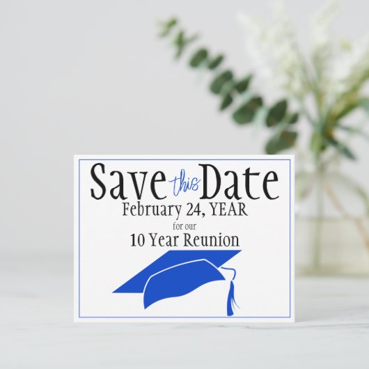 Klasse Wiedersehen Save the Date Blue Grad QR-Code Postkarte (Stehend Vorderseite)