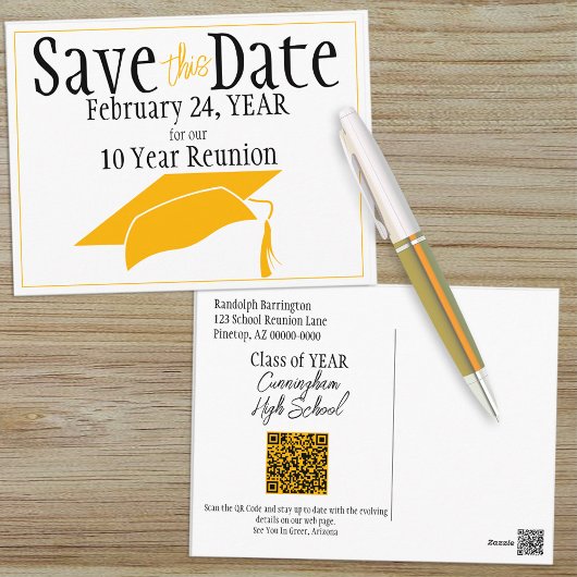 Klasse Wiedersehen Save the Date Orange Cap QR Cod Postkarte