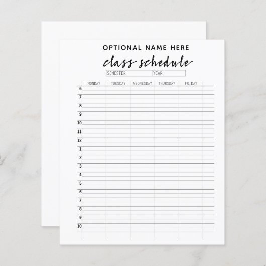 Klassenfahrplan für das Semester - Schwarzweiß (Vorne/Hinten)