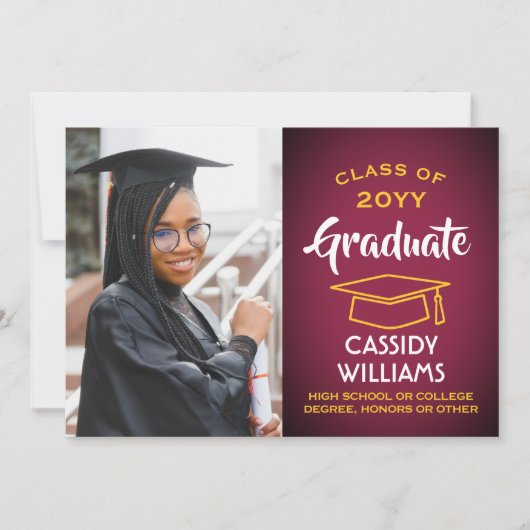 Klassenmaroon und Gold Modernes Abschluss Foto Einladung (Vorderseite)