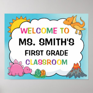 Klassenzimmer Begrüßungszeichen im Thema Dinosauri Poster