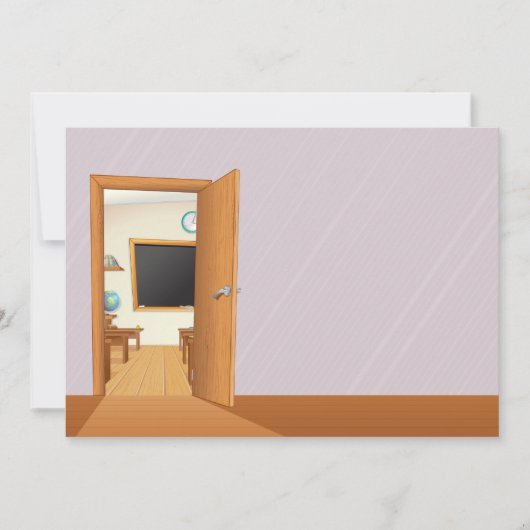 Klassenzimmer durch eine offene Tür Einladung (Vorderseite)