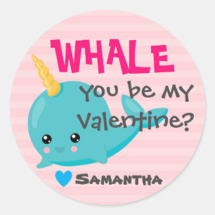 Klassenzimmer Narwhal Valentine "Whale you be mine Runder Aufkleber