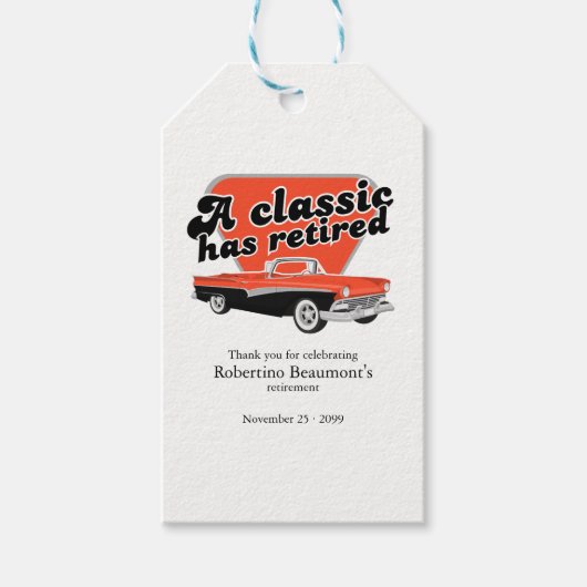 Klassiker hat Rotes Auto Ruhestandsparty in den Ru Geschenkanhänger (Vorderseite)