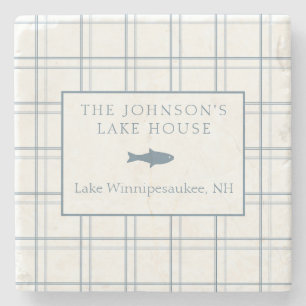 Klassisch anpassbares Karo Lake House Blau Fisch Steinuntersetzer
