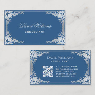 Klassisch Blau Elegant Vintage Verziert Rahmen QR- Visitenkarte