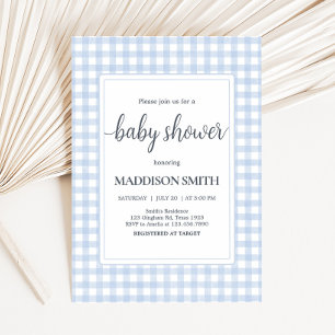 Klassisch Blau Gingham Baby Shower Einladung