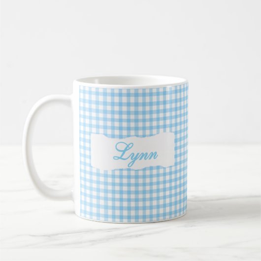 Klassisch Blau Gingham Personalisierter Name  Kaffeetasse (Links)