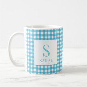 Klassisch Blau Kariert Gingham Monogramm Name Kaffeetasse