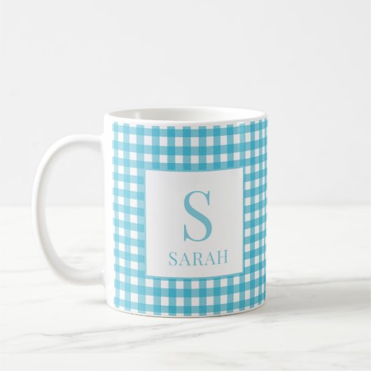 Klassisch Blau Kariert Gingham Monogramm Name Kaffeetasse (Links)