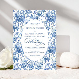 Klassisch Blau Toile de Jouy Rosen Zeitlose Hochze Einladung