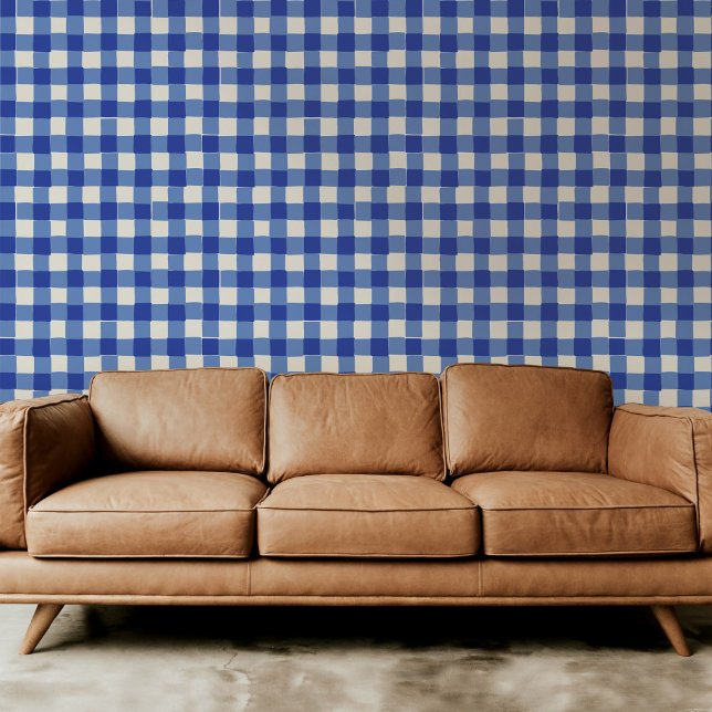 Klassisch Blau und Weiß, handGezeichnet, kariert K Tapete (Classic blue and white hand-drawn checkered plaid modern peel and stick wallpaper.)
