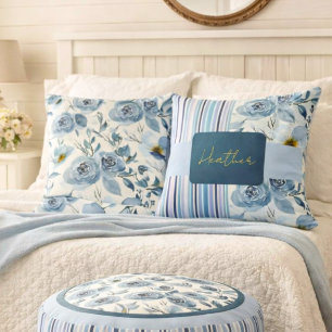 Klassisch Blau Wasserfarbe Blumen Gestreift Person Kissen