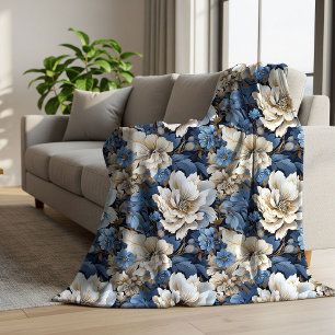 Klassisch Blau Weiß Elfenbein Floral Warm Sherpa Sherpadecke