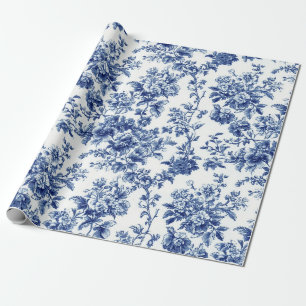 Klassisch blaue botanische Toile-Gartenparty-Verpa Geschenkpapier