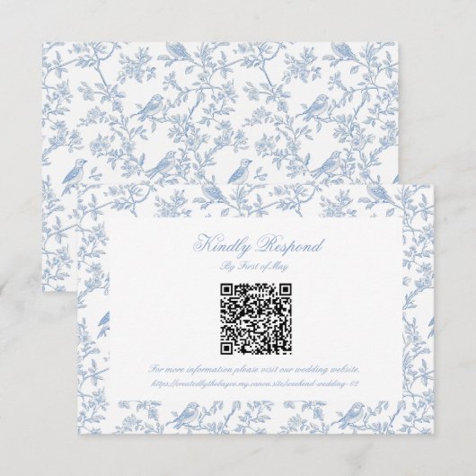 Klassisch blaue florale Toile QR-Code RSVP Karte (Vorne/Hinten)
