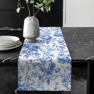 Klassisch blaue französische Toile-Rosen Blumen Ti Großer Tischläufer