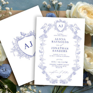 Klassisch blaue Toile de Jouy Hochzeit mit Wappenm Einladung