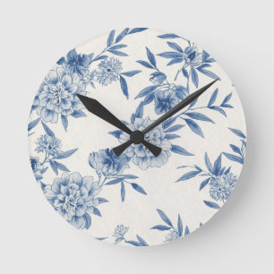 Klassisch Blaues Blumen-Toile-Wasserfarbenmuster W Runde Wanduhr