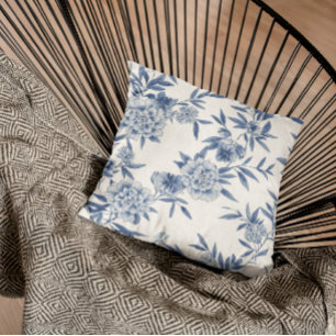 Klassisch blaues florales Toile-Wasserfarbenmuster Kissen