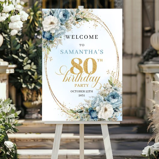 Klassisch boho blaue Blumen Eukalyptus Gold 80. Poster
