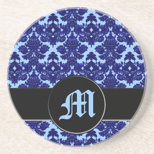 Klassisch Damast Blau (Monogramm) Getränkeuntersetzer (Vorne)