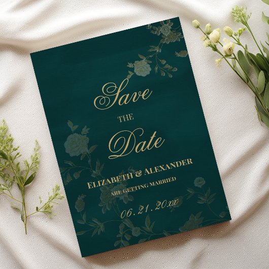 Klassisch dunkelgrüne Goldblüte Save the Date Einladung