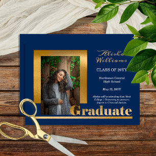 Klassisch Elegant Gold Text Graduate 1 Foto Blau Ankündigung