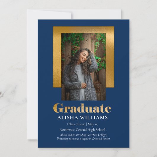 Klassisch Elegant Gold Text Graduate 1 Foto Blau Ankündigung (Vorderseite)