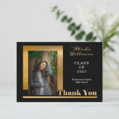 Klassisch elegant Gold Text Graduate 1 Foto Schwar Dankeskarte (Stehend Vorderseite)