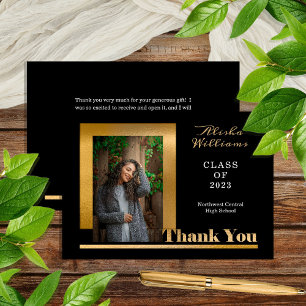 Klassisch elegant Gold Text Graduate 1 Foto Schwar Dankeskarte