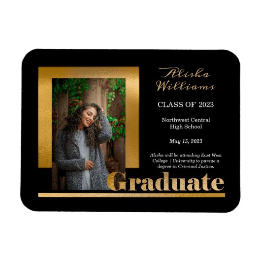 Klassisch elegant Gold Text Graduate 1 Foto Schwar Magnet (Horizontal)