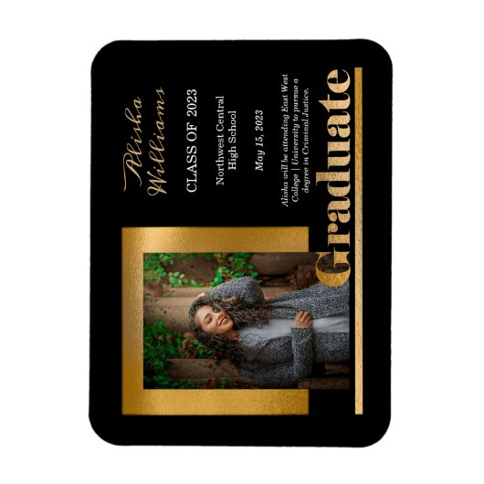 Klassisch elegant Gold Text Graduate 1 Foto Schwar Magnet (Vertikal)
